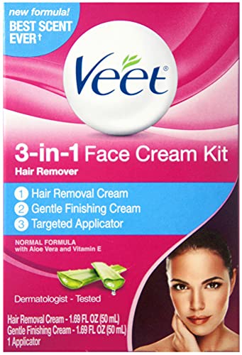 Veet 3-in-1 Face Cream Hair Remover Kit (2 x 1.69oz), Sensitive Formula With Aloe Vera& Vitamin E (Pack of 3)