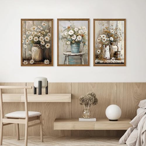 Image of DUWQU Triptych Rustic Farmhouse Daisy Framed Canvas Wall Art 20x30 inch x3