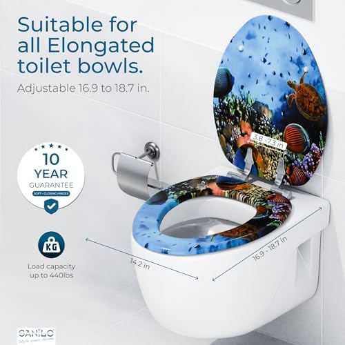 Sanilo 154 Elongated Molded Wood Toilet Seat with No Slam, Slow, Soft Close Lid, Stainless Steel Hinges, and Unique Fun Decorative Design, Ocean — view 3