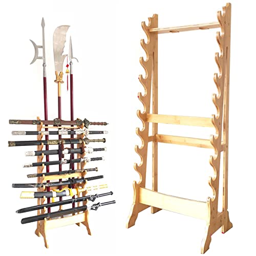 Sword Holder 10/12-Tier Sword Display Wooden Katana Stand Floor, Samurai Display Rack Wand Holder - Multilayer Sword Hangers for Support All Tanto Sword Standard Swords Lightsaber Stand