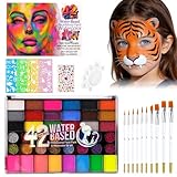 Koxtyzo Pintacaras Infantil, 42 Colores Pintura Corporal y Facial, Pintura de Cara para Niños con 10 Pinceles y 4 Plantillas para Tatuajes, Kit de Pintura Facial para Carnavales, Pascua, Halloween
