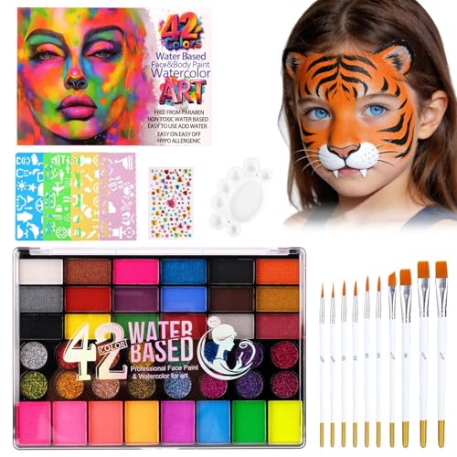 Koxtyzo Pintacaras infantis, 42 cores pintura corporal e facial, pintura de rosto para crianças com 10 pincéis e 4 modelos para tatuagens, kit de pintura facial para carnavais, páscoa, Halloween