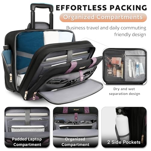 Rolling Laptop Bag, Rolling Briefcase for Women with Waterproof Pocket, 16 Inch Computer Bag, Underseat Carry On Luggage with Wheels for Work Travel Business, Lightweight Black Purple - Image 4