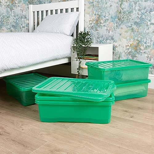 Wham Crystal 5 x 32L Stackable Plastic Storage Boxes with Lids | Ideal for Home, Office, Toys & More | Medium Boxes | Made in UK - Leprechaun Green