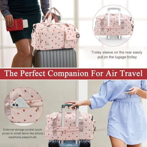 Image of PALAY Women Duffle Bag Gym Bag with Shoe Compartment Cute Pink Strawberry Prints Corduroy Travel Bag with Removable Shoulder Strap Multi-pocket Duffle Bag for Travel, Gym Session, Camping, 48x24x27cm