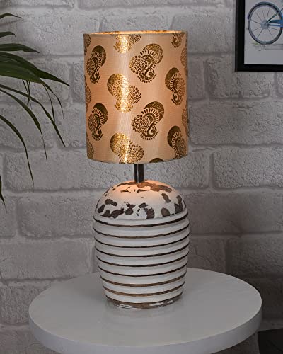 Image of Homesake Wooden Lamp for Living Room | Table Lamp for Bedroom | Bedside Lamp with Fabric Shade | E27 Holder with Bulb Included | Warm Light Night, Study Table & Home Decor, Golden Peacok Shade