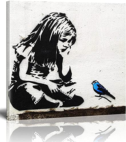 Images, Banksy Art, Street Graffiti Art, Les images sont imprimées sur toile, Girl With Blue Bird ), affiches, Art mural, décor de salon (50X50cm/18x18inch)Cadre interne Cover