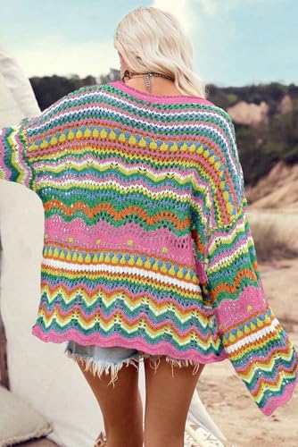 Ecosunny Sweaters for Women 2024 Long Sleeve Round Neck Colorblock Striped Hollowed Knit Sweater Pullover Tops2