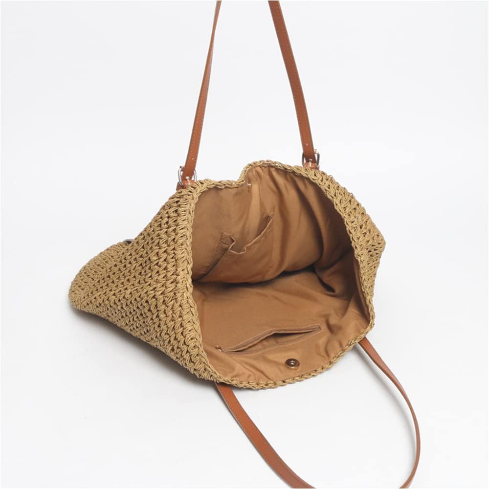 Hand-woven Soft Large Straw Shoulder Bag with Boho Straw Handle Tote Retro Summer Beach Bag Rattan Handbag (Navy Blue)