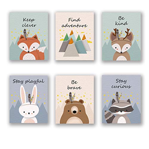 6 Set- Woodland Animal Art Print, Safari Fox Rabbit Reindeer Bear Mountain Inspirational Quote Canvas Wall Print For Kids Bedroom Nursery Decor (Unframed, 8"X10") #TOP16