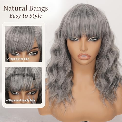 Image of Nnzes Short Wavy Bob Wig with Bangs for Women Shoulder Length Curly Soft Silver Gray Mix Synthetic Heat-Resistant Fiber Hair for Daily & Party Use