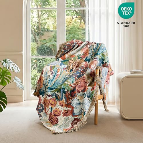 Image of MSGKV Boho Throw Blanket 50 inchx60 inch 100% Cotton Floral Muslin Sofa Blanket