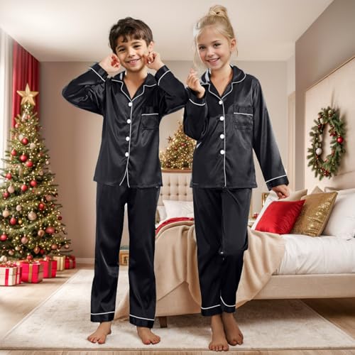 IFFEI Family Silk Satin Pajamas Matching Sets Long Sleeve Pjs for Couples 2 Piece Buttons Kids Christmas Pajamas with Pocket4