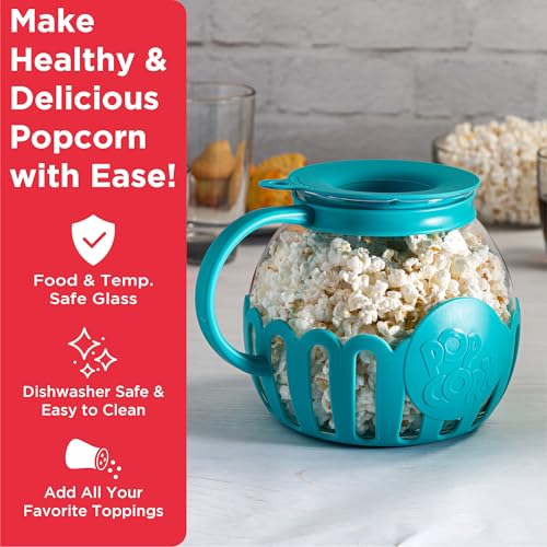 Ecolution Patented Micro-Pop Microwave Popcorn Popper with Temperature Safe Glass, 3-in-1 Lid Measures Kernels and Melts Butter, Made Without BPA, Dishwasher Safe, 3-Quart, Teal