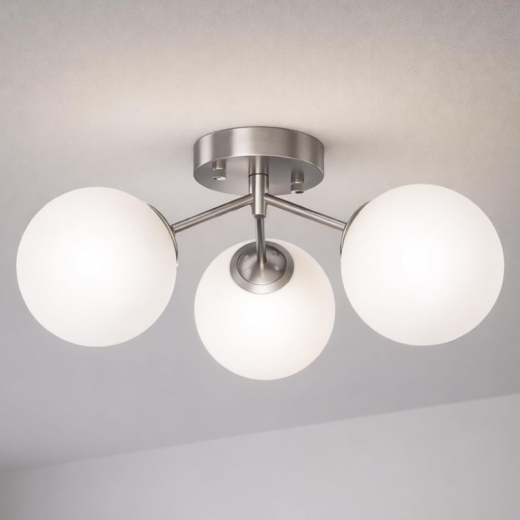 Maxax 17" Nickel Ceiling Light, 3 Lights Modern Flush Mount Fixture with Opal Milk Glass Globe, Mid Century Semi Chandelier, Sputnik Ceiling Lamp for Dining Room, Bedroom, Entryway, Hallway