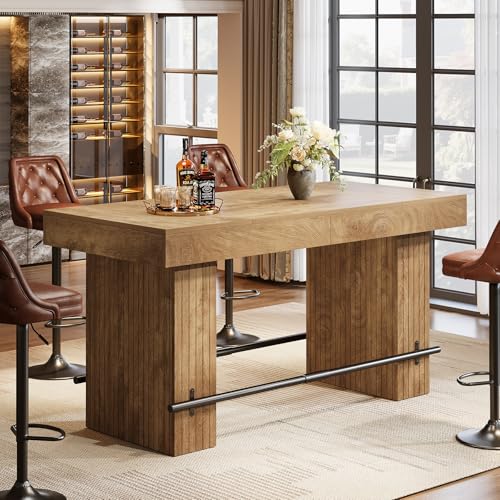 Image of Tribesigns 62.2 Inch Bar Table, Industrial Counter Height Pub Dining Table, Rectangular Home Bar Units with Metal Footrest for Home Kitchen, Dining Room, Bistro, Oak Wood