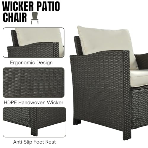 Image of DEVOKO 5-Piece Outdoor Patio Furniture Set All-Weather Wicker Conversation Set with Dining Table, Chairs & Ottoman for Garden, Poolside, Backyard (Dark Brown & Cream)