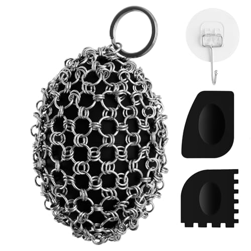 Rascador para sartenes de Hierro Fundido,Limpiador de ollas con 2 rascadores,Cepillo de Limpieza de Malla metálica para Platos,ollas,sartenes,planchas,Parrillas (Acero Inoxidable,Platos Grandes)