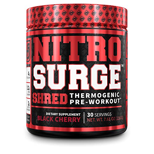 NITROSURGE Shred Pre Workout Supplement - Energy Booster, Instant Strength Gains, Sharp Focus, Powerful Pumps - Nitric Oxide Booster & PreWorkout Powder - 30Sv, Black Cherry