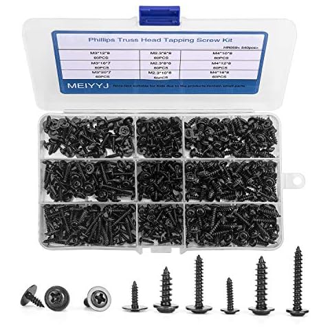 MEIYYJ 540pcs Phillips Truss Head Self Tapping Screws,M2.3 M2.6 M3 Pan Head with Washer Screw,Self Drilling Wood Screw Assortment Kit Black Carbon Steel Cover