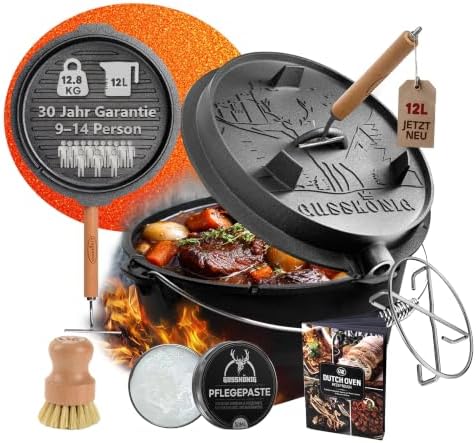 GUSSKÖNIG Premium 2in1 Dutch Oven 12L Set-Feuertopf Gusseisen ohne Füßen | Eingebrannt, Thermometeröffnung, für 9-14 Personen, inkl. Deckelheber-Pflegepaste-Bürste-Rezeptbuch-Unter