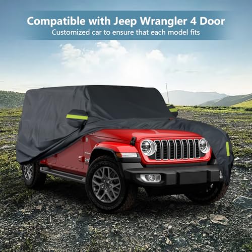 Image of Heavy Duty Waterproof Cover Fit for Jeep Wrangler 4 Door JK JL 2006-2026 | All Weather Outdoor Car Cover with Door Zipper, Windproof & Reflective Strips, UV Rain Snow Dust Protection