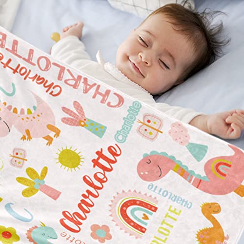 Image of Personalized Dinosaur Blanket with Name for Girl Custom Blanket for Kids