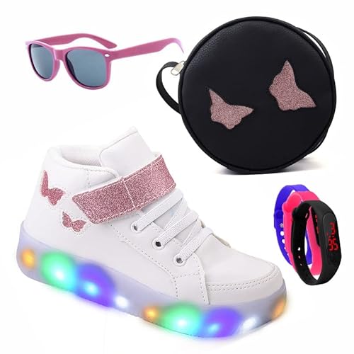 Tenis Bota Infantil De Led Tira Colante Borboleta Glitter Luzinha + Bolsa + Brindes Cor:Branco;Taman