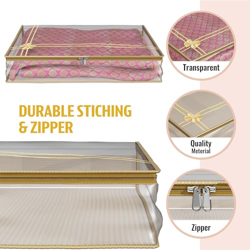 Image of Kuber Industries Saree Cover | Clothes Storage Bag | Suit Packing Cover | Cloth Stoarge Organizer | Wardrobe Cloth Storage Organiser with Zip | Lining Bow Transparent | 3 Inch | Pack of 6 | Gold