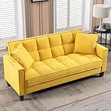 mikibama Linen Sofas Couchs for Living Room Grid Tufted Loveseat Sofa Padded 2 Seater Bedroom Couch Soft Comfy Sofa Bed for Small Space Apartment with Solid Wood Legs (Yellow)