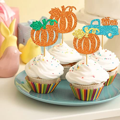 24Pcs Glitter Teal Thanksgiving Cupcake Topper Pumpkin Truck Cupcake Topper Little Pumpkin Baby Shower Decorations Boy Fall Cupcake Topper For Fall Baby Shower Decorations For Boy #TOP1