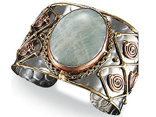 Anju Adjustable Cuff With Stainless Steel Base, Brass, Copper, And Amazonite Stone For Women #TOP2