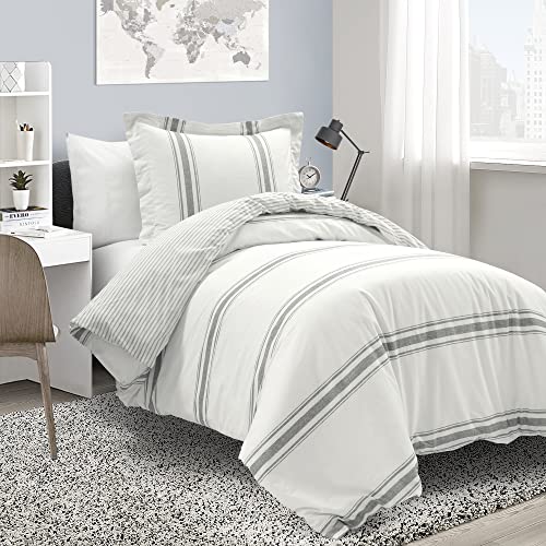 Image of Lush Decor Farmhouse Stripe Reversible Cotton Duvet Cover Twin XL Size 2 Piece Set Dark Gray - Twin XL Bedding Set - Striped Duvet Cover - Dorm Essentials