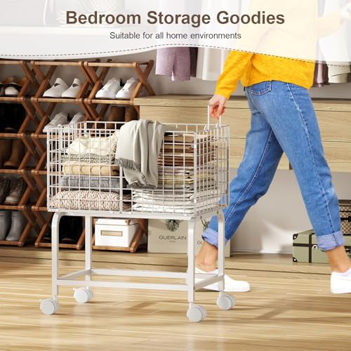Image of Wire Laundry Hamper Cart,80L Laundry Hamper Trolley with Pull Handle,White High Laundry Basket Cart for Laundry Room,Bathroom,Bedroom-White（23.6 * 15.75 * 28inch）