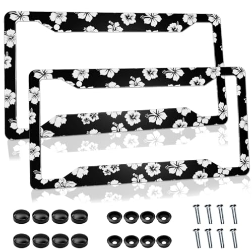 Hibiscus License Plate Frames, 2 Packs Universal Aluminum License Plate Frame 4 Holes Fits US Standard License Plates (Set of 2, 12.3
