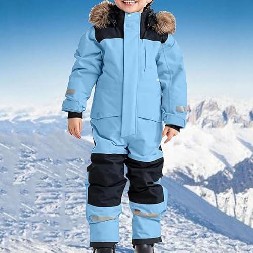 Children's Ski Suit Insulated Snow Bib Overalls Thermal Warm Snowsuit With Removable Hood Mud (Sky Blue #1, 12-13 Years)3