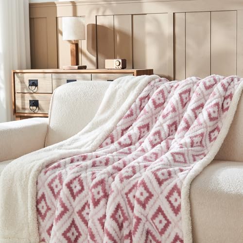 Wajade Böhmische Kuscheldecke Rhombus Flauschige Fleecedecke Winter Warme Plüschdecke Luxuriöse Kunstfelldecke Weiche Decke für Bett Couch - Pink 153 * 203