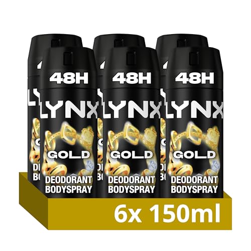 Lynx Gold Aerosol Body Spray Mens Deodorant Spray with an oud wood & fresh vanilla scent for 48 hours of odour busting high defnition fragrance 6x 150 ml