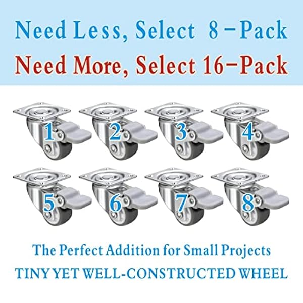 Paquete de 8 ruedas giratorias de 2,5 cm de bajo perfil de goma suave, ruedas pequeñas y silenciosas con placa superior de 360 grados de capacidad para 4 piezas, tornillos gratis (8 con frenos)