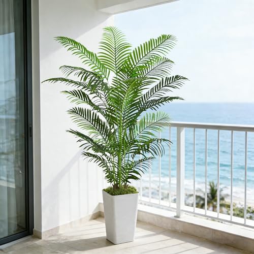 Artificial Palm Tree Indoor, 6FT Fake Floor Plants Large Tropical Silk Plant with White Tall Planter, Faux Areca Palm Plant Artificial Tree in Pot for Home Room Office Outdoor Patio Decor