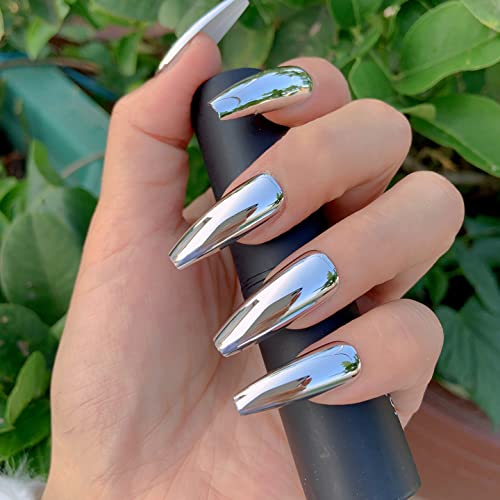 Ikiskt Super Long Silver Metal Style Press On Nails Punk Metallic Pre-Designed Coffin False Nails Ballerina Barllet Mirror Fake Nail Set 24Pcs Stick On Tips Manicure For Women Girls Party Dating #TOP3