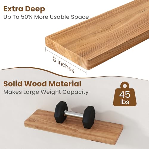 Image of Floating Shelves for Wall, 24 inchWx8 inchD Rustic Solid Elm Wood Floating Shelves Wall Mounted, Round Edge Wall Shelves with Invisible Bracket for Living Room Bathroom Bedroom Kitchen, Set of 2, Natural
