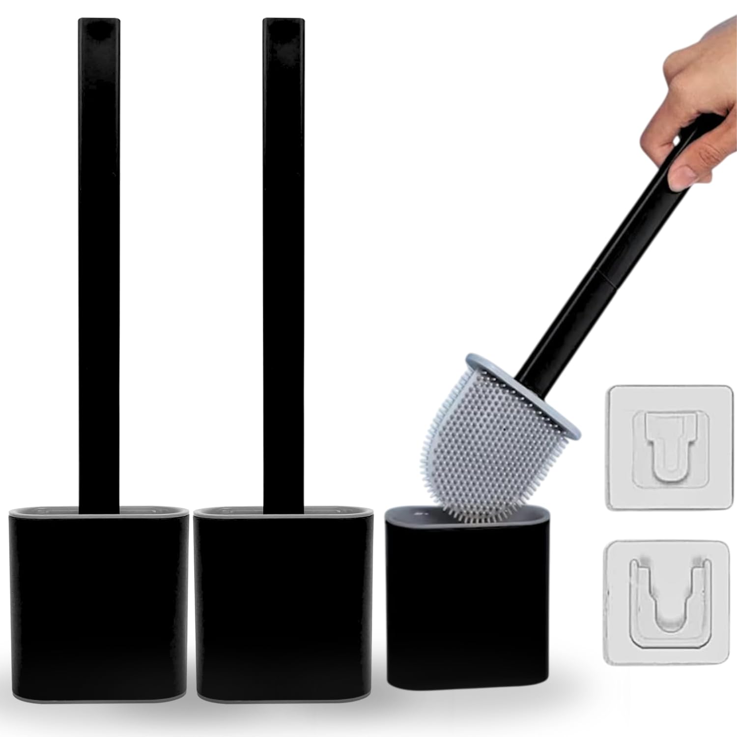 AMOS Silicone Toilet Brush and Holder Set, Quick Drying Bathroom Toilet Brush with Non-Slip Long Plastic Handle, Flexible TPR Bristles, Deep Cleaning, Anti-Drip Base (Black Grey)- 2Pack