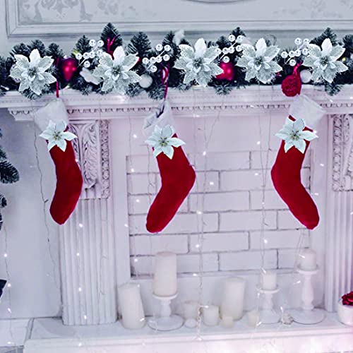 Jk-Gmte 27 Pcs Sliver Glitter Christmas Poinsettia Artificial Flowers With Stems Xmas Flowers For Christmas Tree Wreath Wedding Decorations (27, Sliver) #TOP2