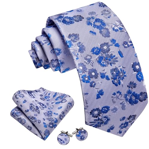 Image of Barry.Wang Light Blue Flower Ties for Men Silk Woven Floral Tie Sets Necktie Handkerchief Cufflinks Wedding Party