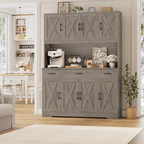 Image of HOSTACK 71 inch Tall Pantry Cabinet with Charging Station, 55 inch Wide Kitchen Pantry Storage Cabinet with Countertop, Large Kitchen Hutch with Storage Drawers and Microwave Stand for Dining Room, Ash Grey