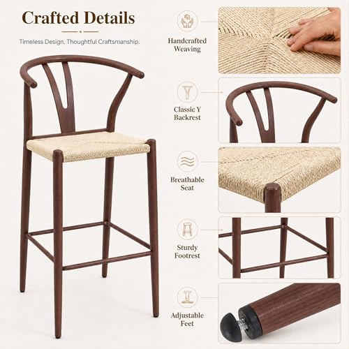 KEIKI Woven Bar Stools Set of 2, Counter Height Bar Stools with Metal Legs, Mid Century Modern Upholstered Kitchen Barstools for Kitchen Island Dining Room, Natural Rope Pattern, Easy Assembly, Walnut by KEIKI - Used condition - Image 4