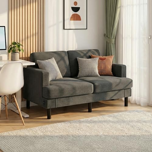 Image of 70 inch Loveseat Sofa, 2-Seater Bedroom Couches with USB, Deep Seat, Dark Grey | Upgrade Upholstered Love Seat Sleeper Sofa, Corduroy Small Couch for Bedroom, Apartment, Office