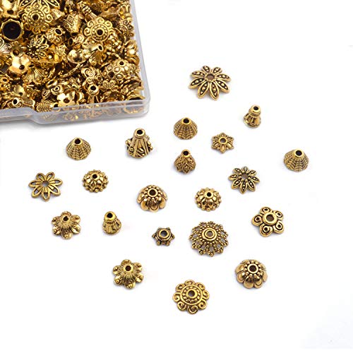 Jdesun 120g Bead Caps with A Clear Storage Box, Tibetan Gold Beads Spacers Jewelry Findings Accessories for Jewelry Making 300-350 Pieces