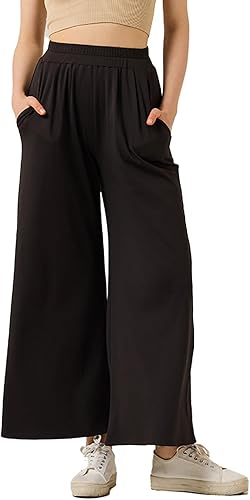 noflik Women's High Elastic Waisted Casual Comfy Stretch Knit Wide Leg Palazzo L